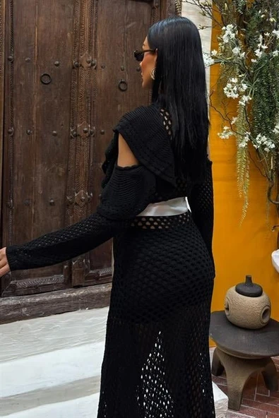 Saten Kuşaklı Ajurlu Triko Elbise 2847 - Resim 4