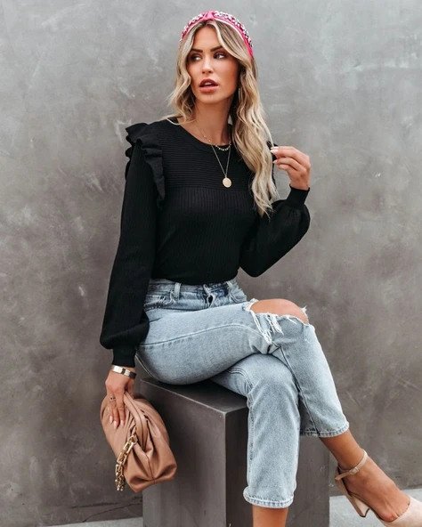 Kadın Uzun Kollu Bisiklet Yaka Omuzları Fırfırlı Triko Bluz - Resim 8