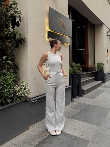 Kadın Kaşkorse Kumaş Atlet Ve Yüksek Bel Bol Paça Pantolon Ikili Takım - Resim 2