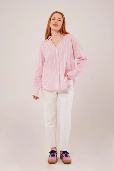 Kol Düğmeli Çizgili Pembe Gömlek - Resim 3