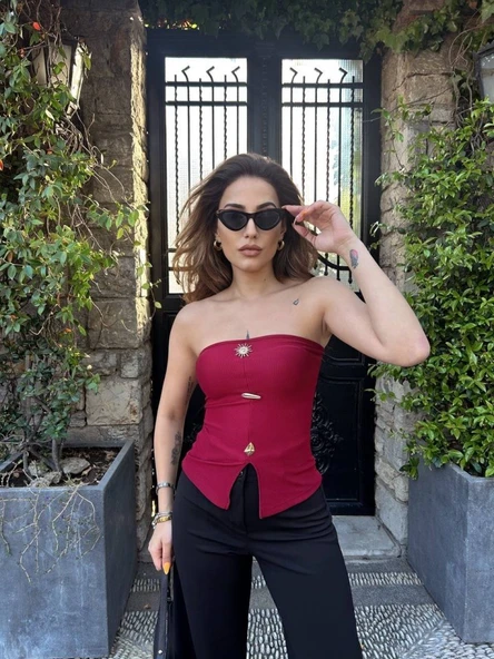 Kadın Ottoman Kumaş Düğme Detaylı Büstiyer Crop - Resim 5