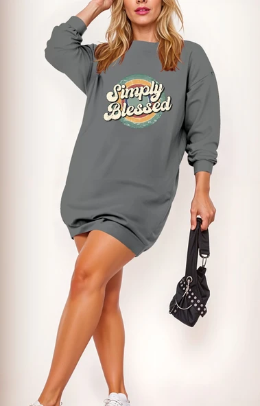 Kadın Uzun Kollu Bisiklet Yaka Yazılı Viskon Iki Iplik Elbise ürün görseli
