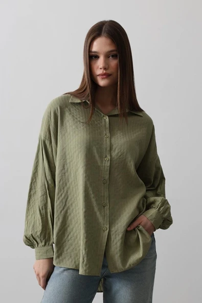 Çizgili Uzun Kol Gömlek - Haki - Resim 3