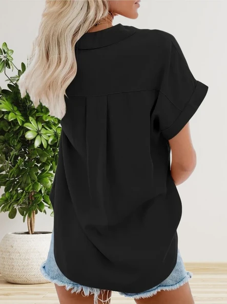 Kadın Kısa Kollu V Yakalı önden Düğmeli Dokuma Gömlek - Resim 3