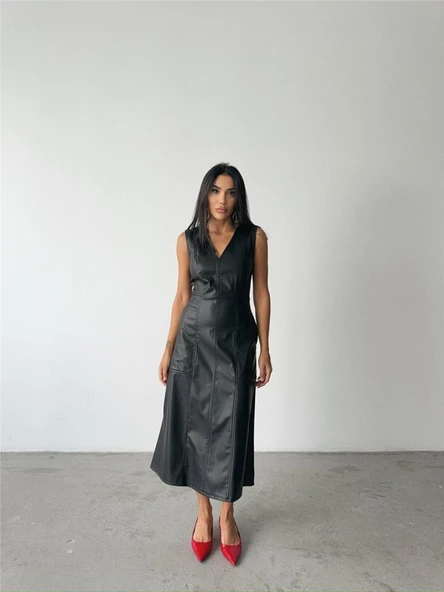 ASKILI DERİ ELBİSE ŞANEL BOY - Siyah - Resim 3