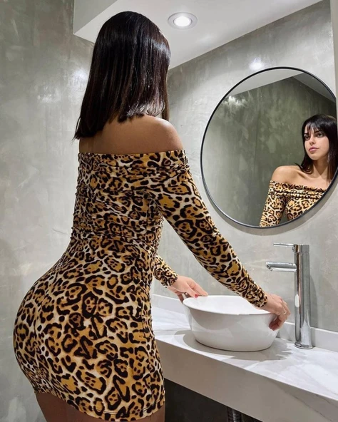 Kadın Madonna Mendil Yaka Leopar Desen Mini Elbise - Resim 6