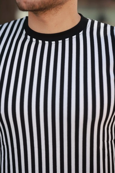 Erkek Siyah Beyaz örme Pamuklu Kumaş Kısa Kollu T-shirt - Resim 3