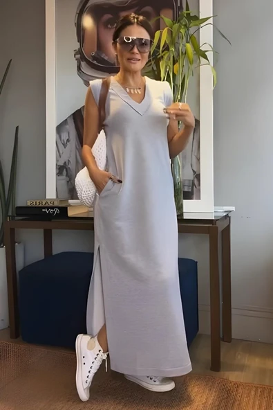 V Yaka Cepli Elbise - Resim 6