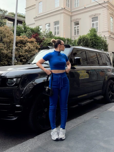 Kadın Kaşkorse Kumaş Yakası Fermuar Detaylı Tayt Takım - 1