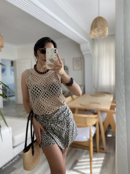 Kadın Askılı Yuvarlak Yaka Geometrik Desenli Triko Bluz - Resim 9