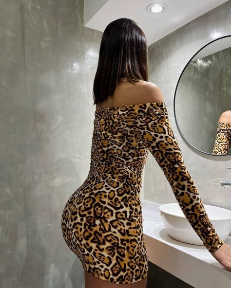 Kadın Madonna Mendil Yaka Leopar Desen Mini Elbise - Resim 5