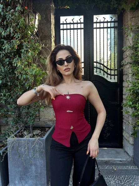 Kadın Ottoman Kumaş Düğme Detaylı Büstiyer Crop - Resim 3