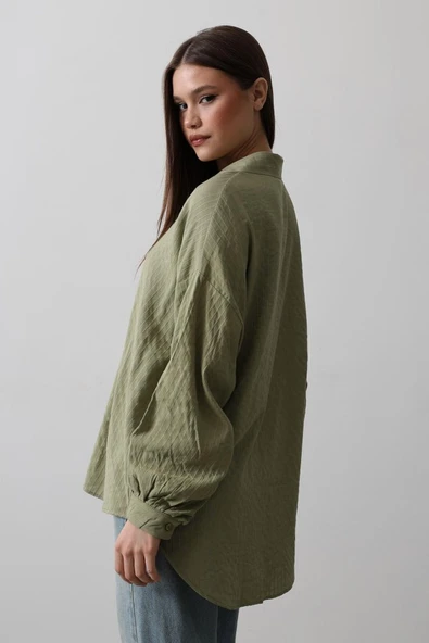 Çizgili Uzun Kol Gömlek - Haki - Resim 2