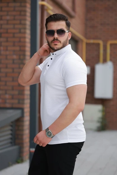 Erkek çizgi Dokulu çıtçıt Yakalı Kısa Kollu T-shirt - Resim 2