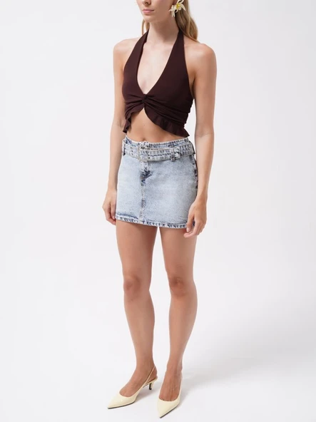 Kemer Detay Denim Mini Etek - 3
