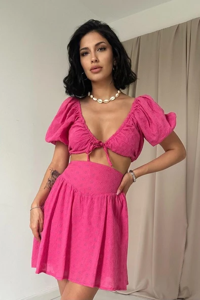 Fuşya Brode Crop Ve Mini Etek Takım - Resim 2