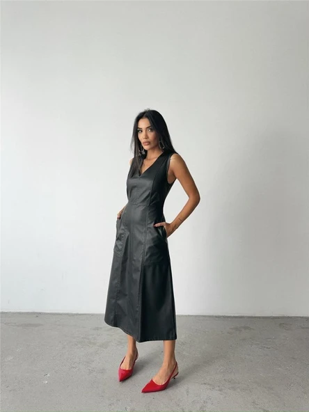 ASKILI DERİ ELBİSE ŞANEL BOY - Siyah - Resim 2