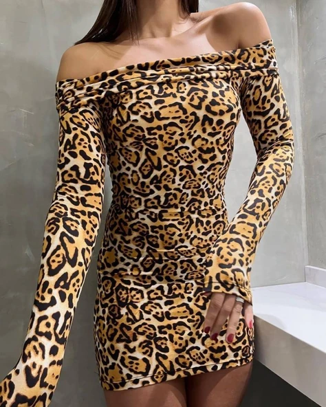 Kadın Madonna Mendil Yaka Leopar Desen Mini Elbise - Resim 2