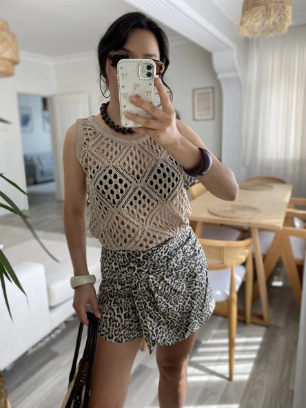 Kadın Askılı Yuvarlak Yaka Geometrik Desenli Triko Bluz - Resim 6