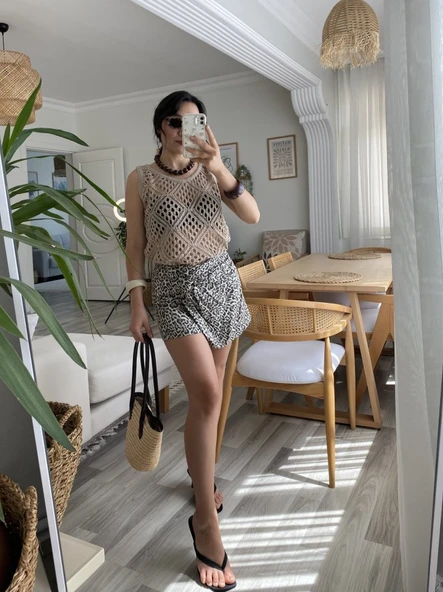 Kadın Askılı Yuvarlak Yaka Geometrik Desenli Triko Bluz - Resim 3