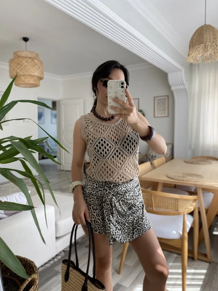 Kadın Askılı Yuvarlak Yaka Geometrik Desenli Triko Bluz - Resim 2