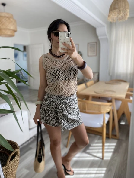 Kadın Askılı Yuvarlak Yaka Geometrik Desenli Triko Bluz - Resim 4