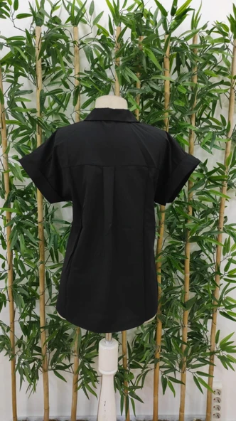 Kadın Kısa Kollu V Yakalı önden Düğmeli Dokuma Gömlek - Resim 10