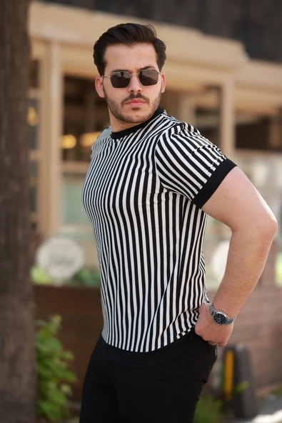 Erkek Siyah Beyaz örme Pamuklu Kumaş Kısa Kollu T-shirt - Resim 2