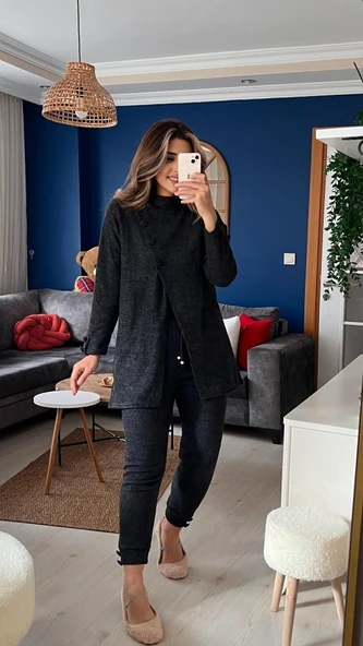 Kadın Uzun Kollu Balıkçı Yaka önden Düğmeli Bluz Ve Pantolon Yumoş Ikili Takım - Resim 3