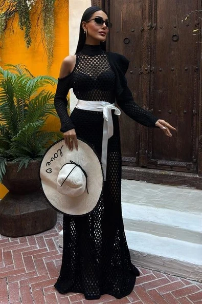 Saten Kuşaklı Ajurlu Triko Elbise 2847 ürün görseli