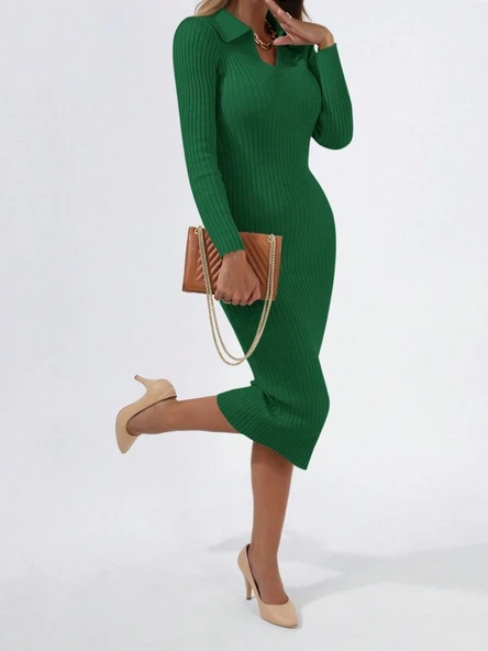 Kadın Uzun Kollu Yakalı Triko Elbise - Resim 10