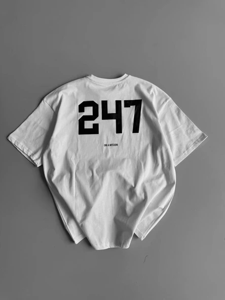 Baskılı Oversize Bisiklet Yaka T-shirt - Beyaz - 1