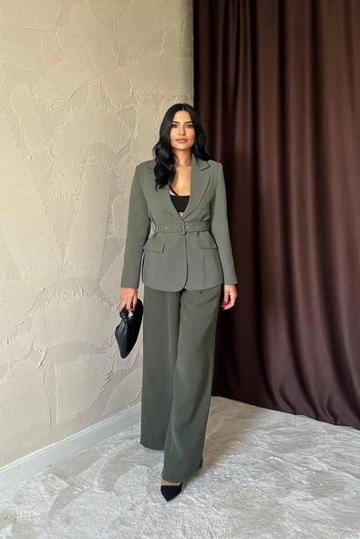 Haki Cep Kapaklı Ve Kemerli Ceket - Resim 2