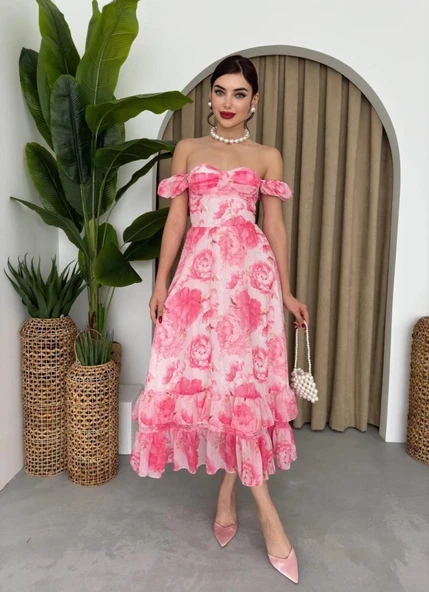 ŞİFON KUMAŞ DİJİTAL DESEN BASKILI ELBİSE - Resim 5