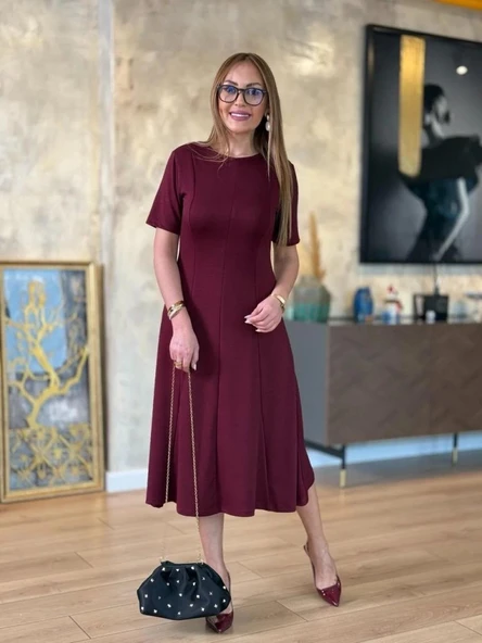 Kadın Kısa Kollu Bisiklet Yaka Midi Viskon Iki Iplik Elbise - Resim 2