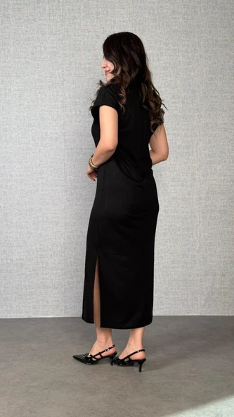 Kadın Kısa Kollu Yakalı Yandan Yırtmaçlı Viskon Iki Iplik Elbise - Resim 3