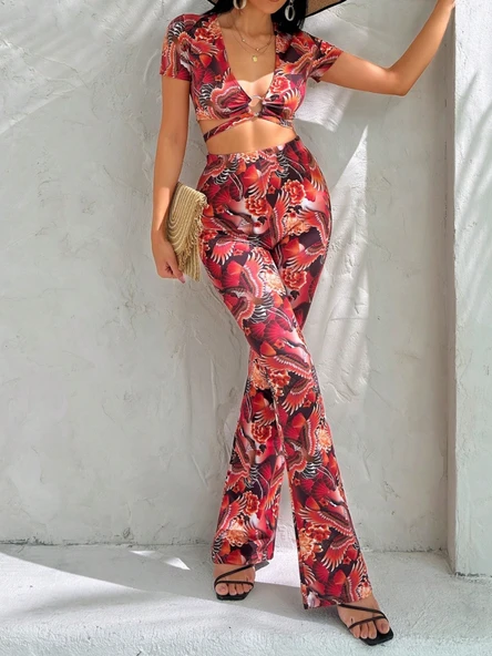 Kadın Kısa Kollu Desenli Takım - Resim 2