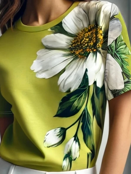Kadın Kısa Kollu Bisiklet Yaka çiçek Baskılı Süprem Bluz - Resim 2