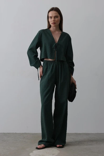 Önü Bağlamalı Crop Takım - Yeşil - Resim 3