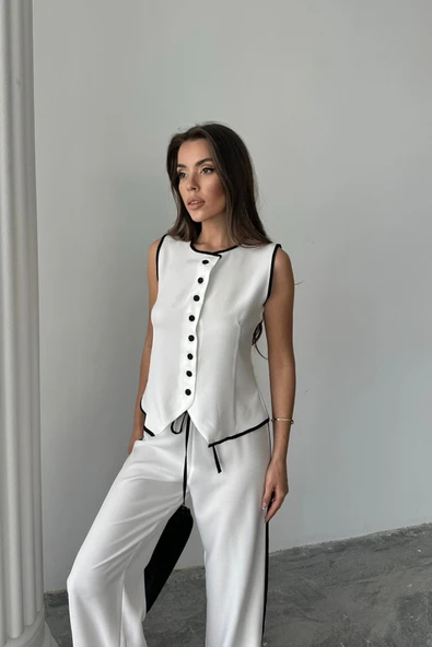 KETEN KENARLARI BİYELİ YELEK - PANTOLON TAKIM - Beyaz - 4