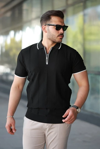 Erkek Dikey Kabartmalı Örgü Dokulu Fermuar Yakalı Tişört ürün görseli