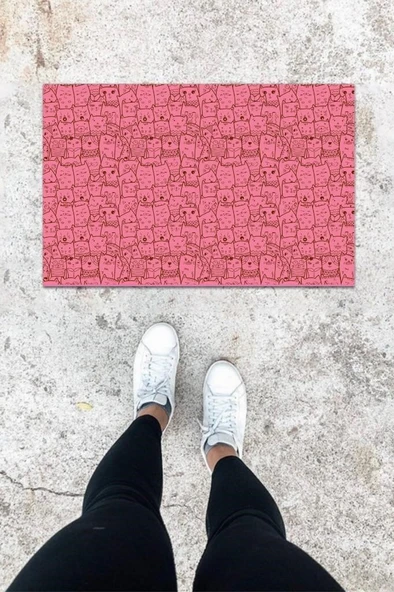 Dijital Baskı Pembe Kedili Desen Kapı Önü Paspası K-1025 ürün görseli