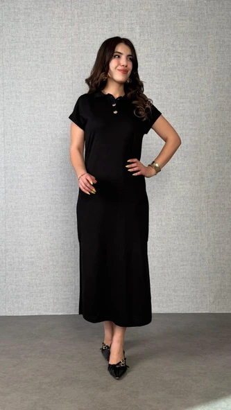 Kadın Kısa Kollu Yakalı Yandan Yırtmaçlı Viskon Iki Iplik Elbise ürün görseli