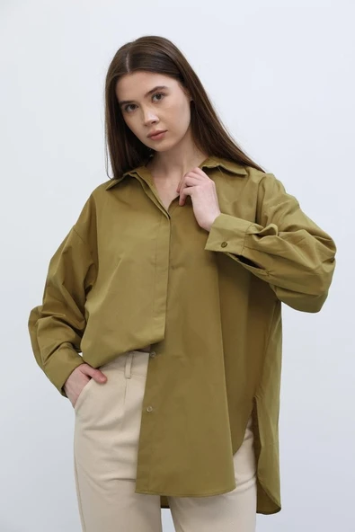 Uzun Kol Gömlek - Koyu Haki - Resim 3