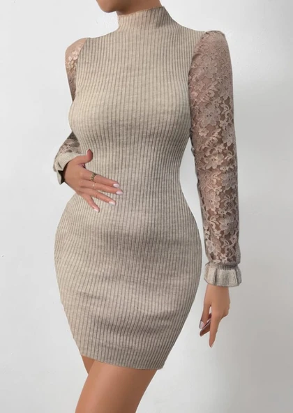 Kadın Uzun Kollu Kollar Tül Detay Triko Mini Boy Elbise - Resim 2