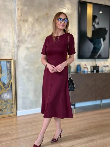 Kadın Kısa Kollu Bisiklet Yaka Midi Viskon Iki Iplik Elbise - Resim 4