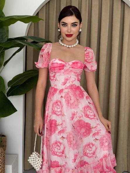 ŞİFON KUMAŞ DİJİTAL DESEN BASKILI ELBİSE ürün görseli