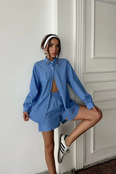 POPLİN ÇİZGİLİ GÖMLEK - ŞORT TAKIM - Mavi ürün görseli