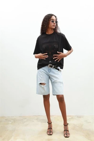 Melasti Motifli Brodeli Tişört 8019-8 - 6