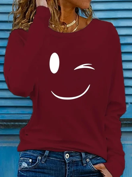 Kadın Uzun Kollu Bisiklet Yaka Gülen Yüz Desenli Viskon Bluz ürün görseli